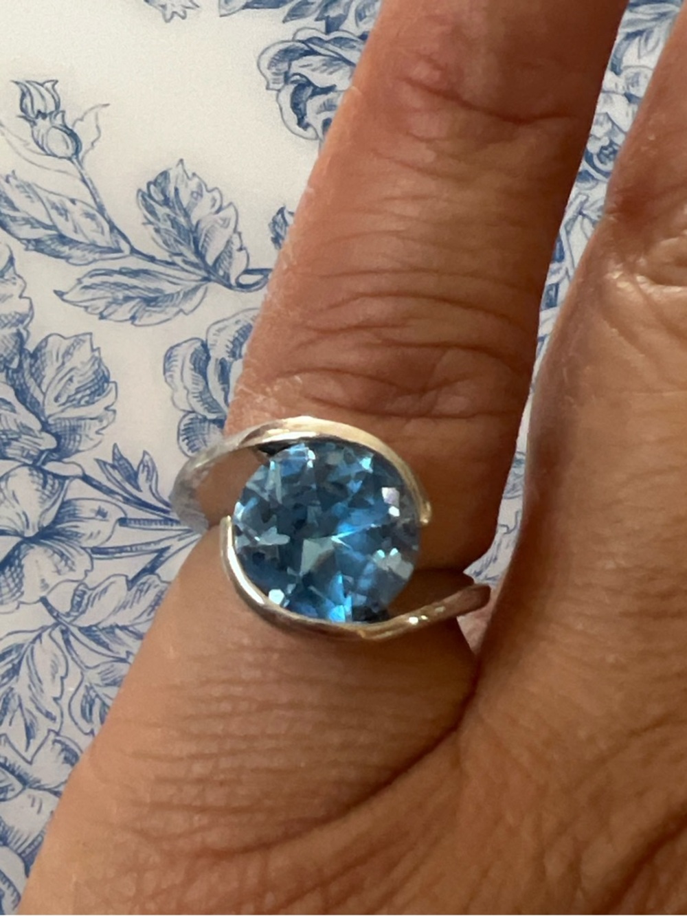 Blue Topaz Round Cut Statement Ring Silver Tone Open Wrap Band Size 4.25 #4251
